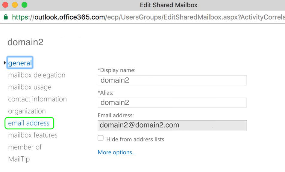 9.2 Click email address for the domain2.com shared mailbox